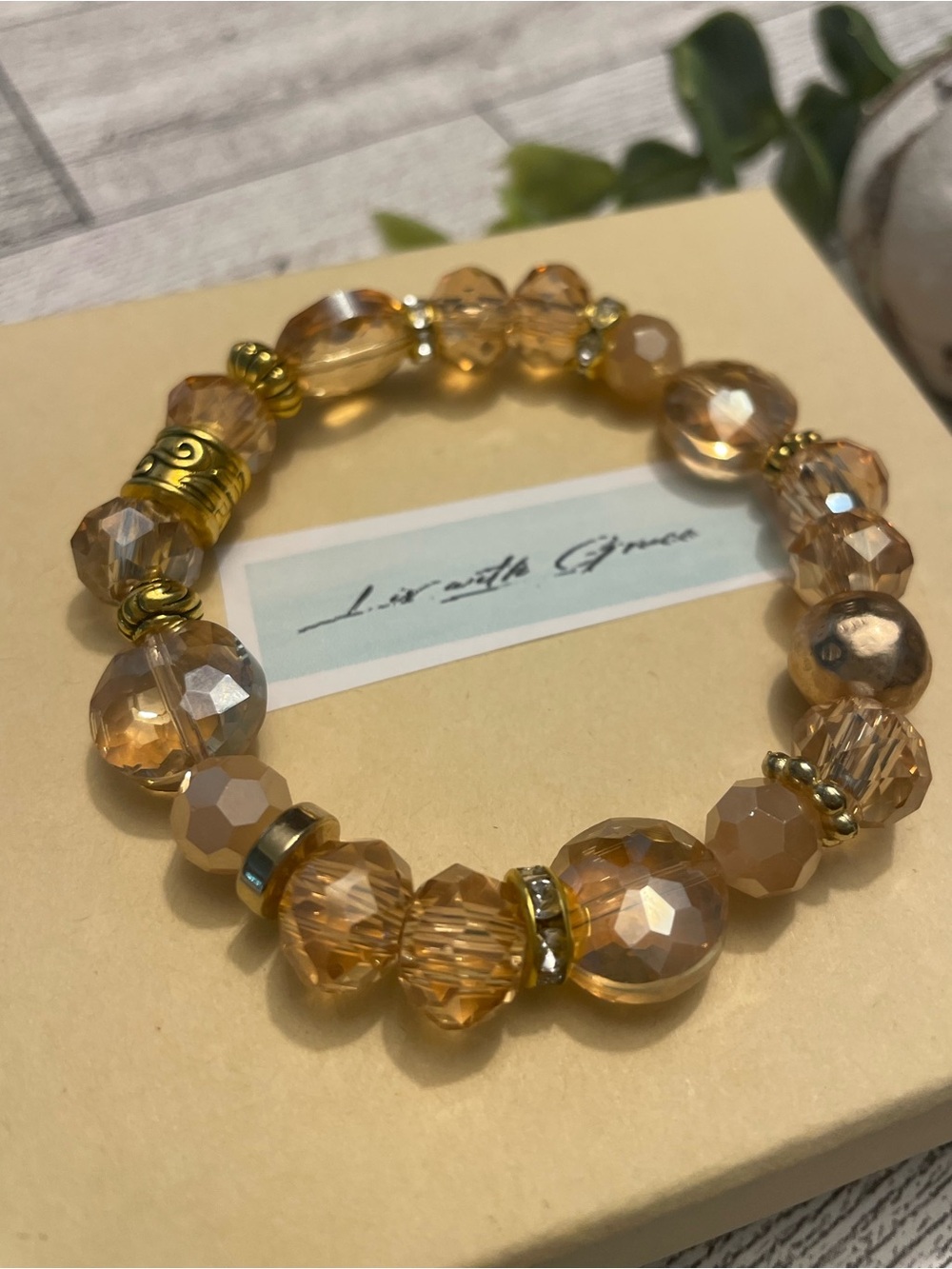 Champagne Crystal and Gold Accented Bracelet 10mm handmade stretch sparkle - Picture 3 of 6